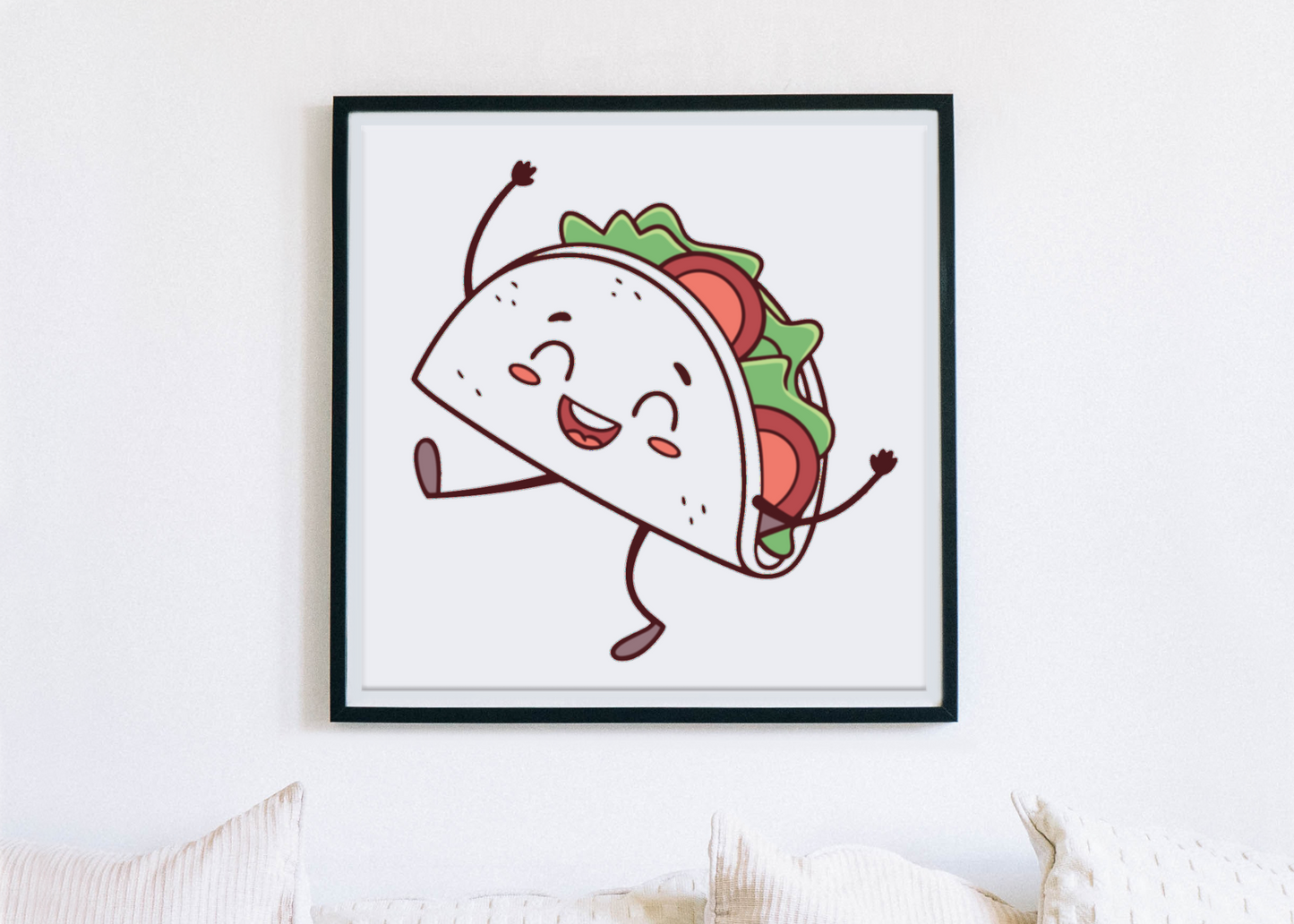 Cadre festif avec un taco jovial dansant style kawaii coloré et amusant