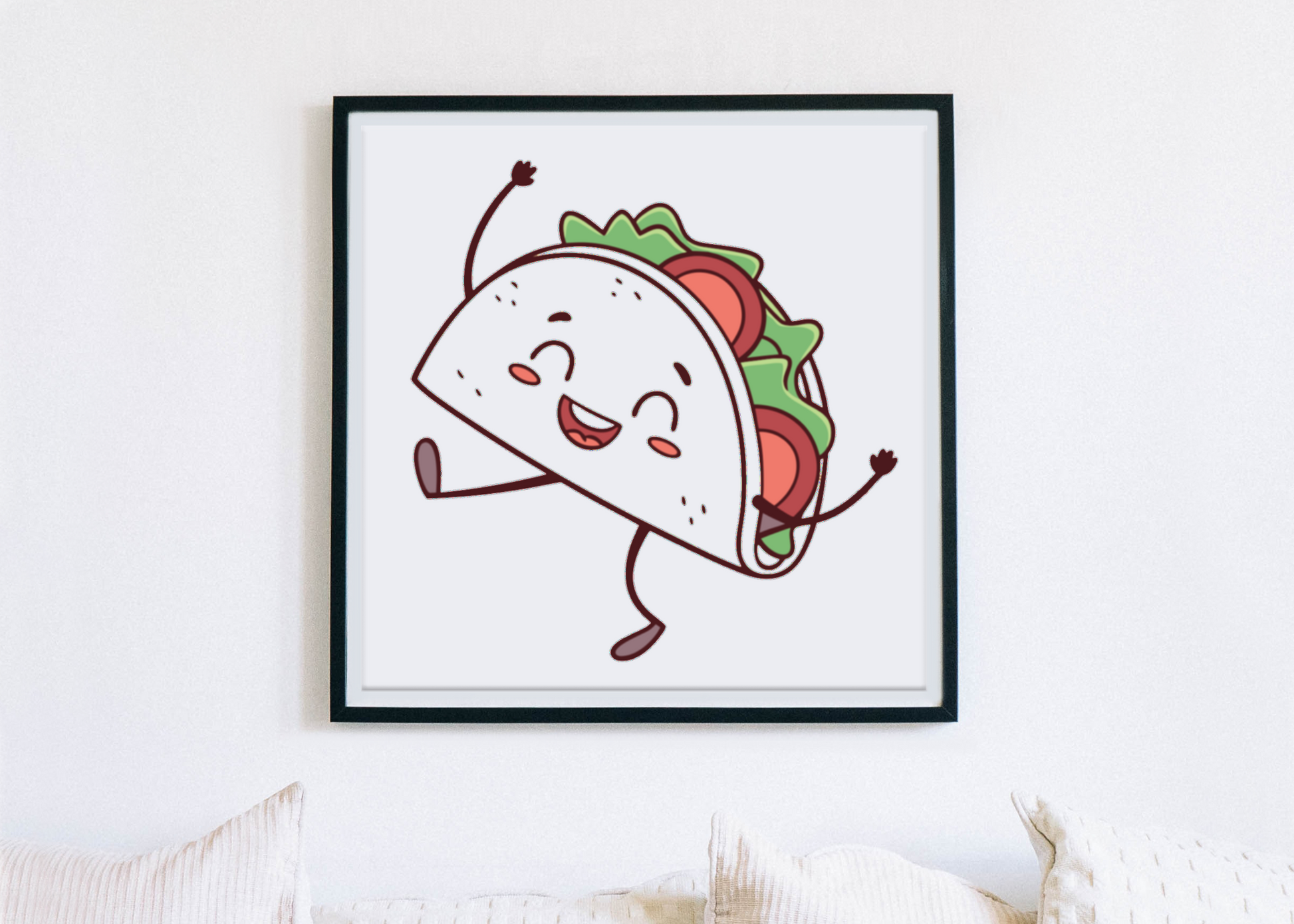 Cadre festif avec un taco jovial dansant style kawaii coloré et amusant