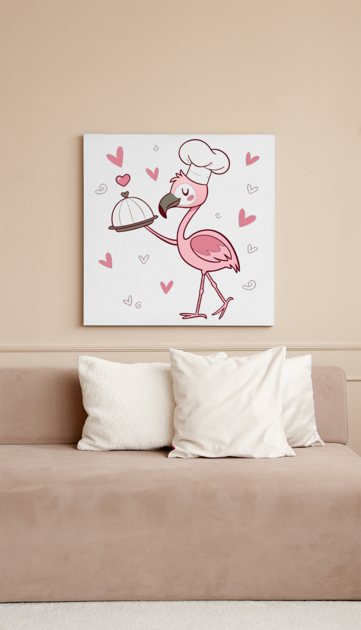 Cadre avec un flamant rose cuisinier amusant dans un style kawaii et gourmand