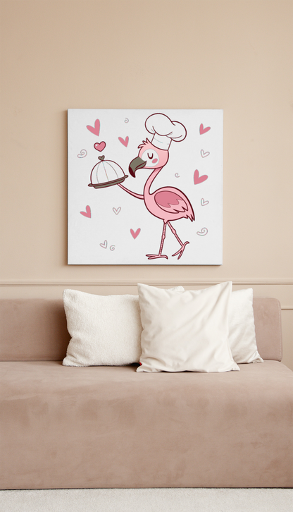 Cadre avec un flamant rose cuisinier amusant dans un style kawaii et gourmand