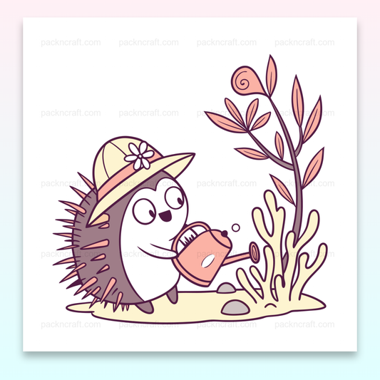 Illustration de hérisson arrosant au jardin, fichier SVG idéal pour projets créatifs.