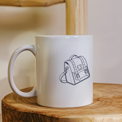 Mug blanc avec une icône rétro de cartable minimaliste style école