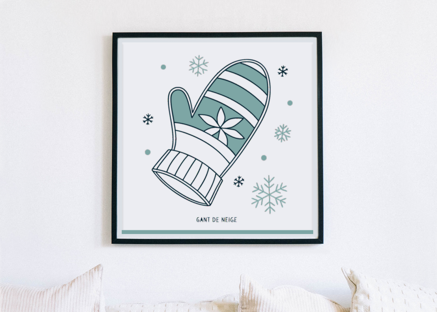 Cadre avec un gant blanc stylisé évoquant la magie de l'hiver en design minimaliste