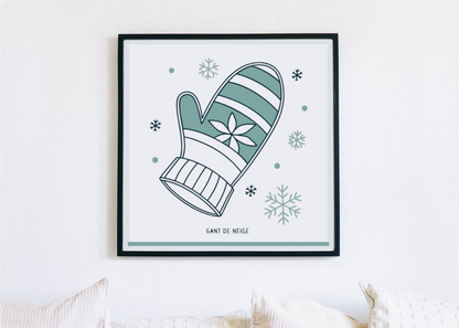 Cadre avec un gant blanc stylisé évoquant la magie de l'hiver en design minimaliste