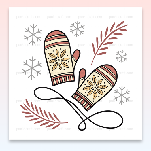 Illustration de moufles hivernales avec flocons de neige et feuillages, usage décoratif.