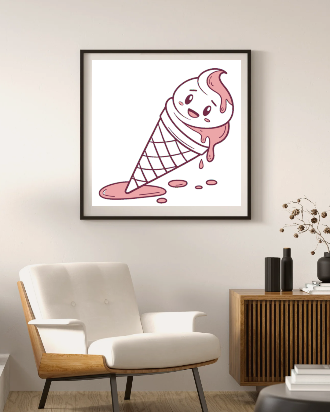 Cadre décoratif avec cornet de glace fondant style kawaii en arrière-plan vibrant