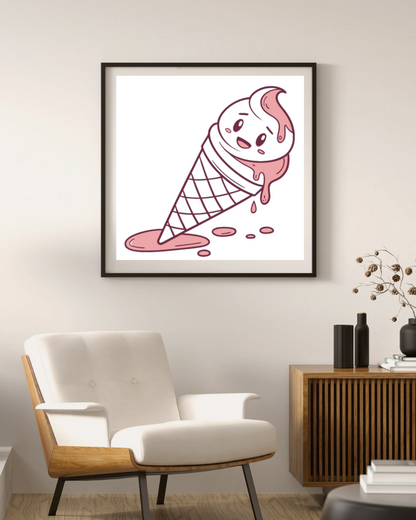Cadre décoratif avec cornet de glace fondant style kawaii en arrière-plan vibrant