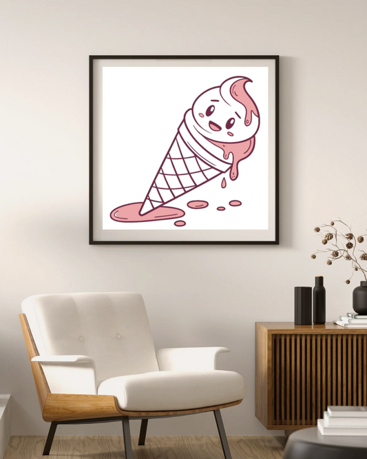 Cadre décoratif avec cornet de glace fondant style kawaii en arrière-plan vibrant