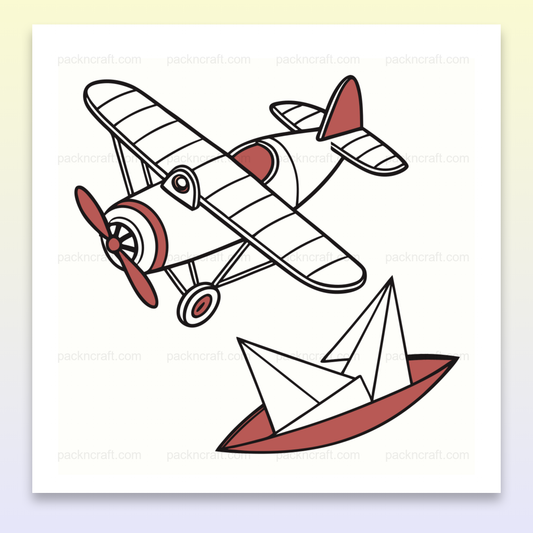 Illustration rétro: avion joueur survolant un bateau en papier, idéal pour projets créatifs.