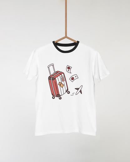 T-shirt avec valise en mouvement design moderne vibrant thème voyage