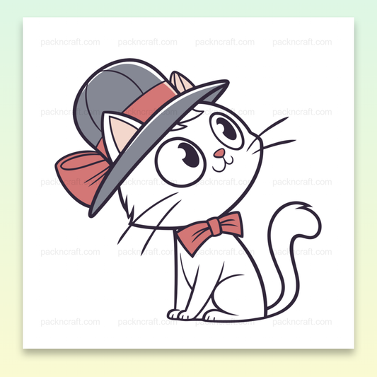 Illustration d'un chat curieux au chapeau, style cartoon, pour stickers et papeterie.