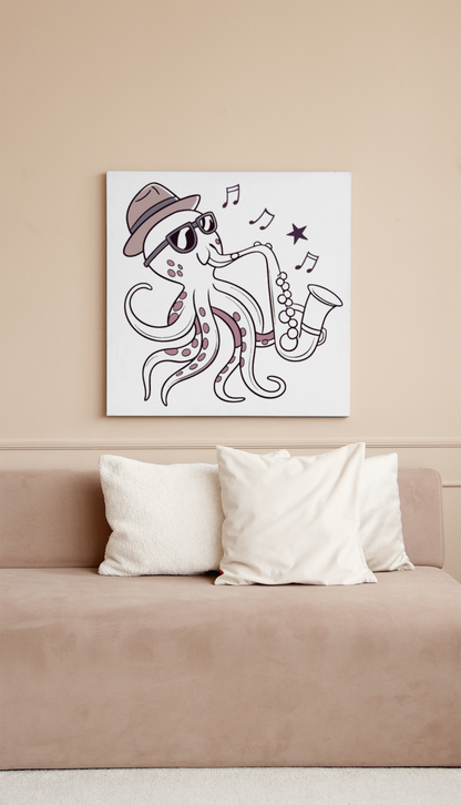 Cadre décoratif kawaii avec un poulpe jazzy jouant du saxophone ambiance marine