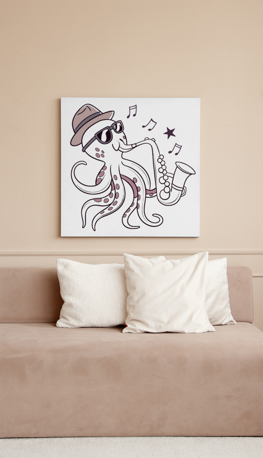 Cadre décoratif kawaii avec un poulpe jazzy jouant du saxophone ambiance marine