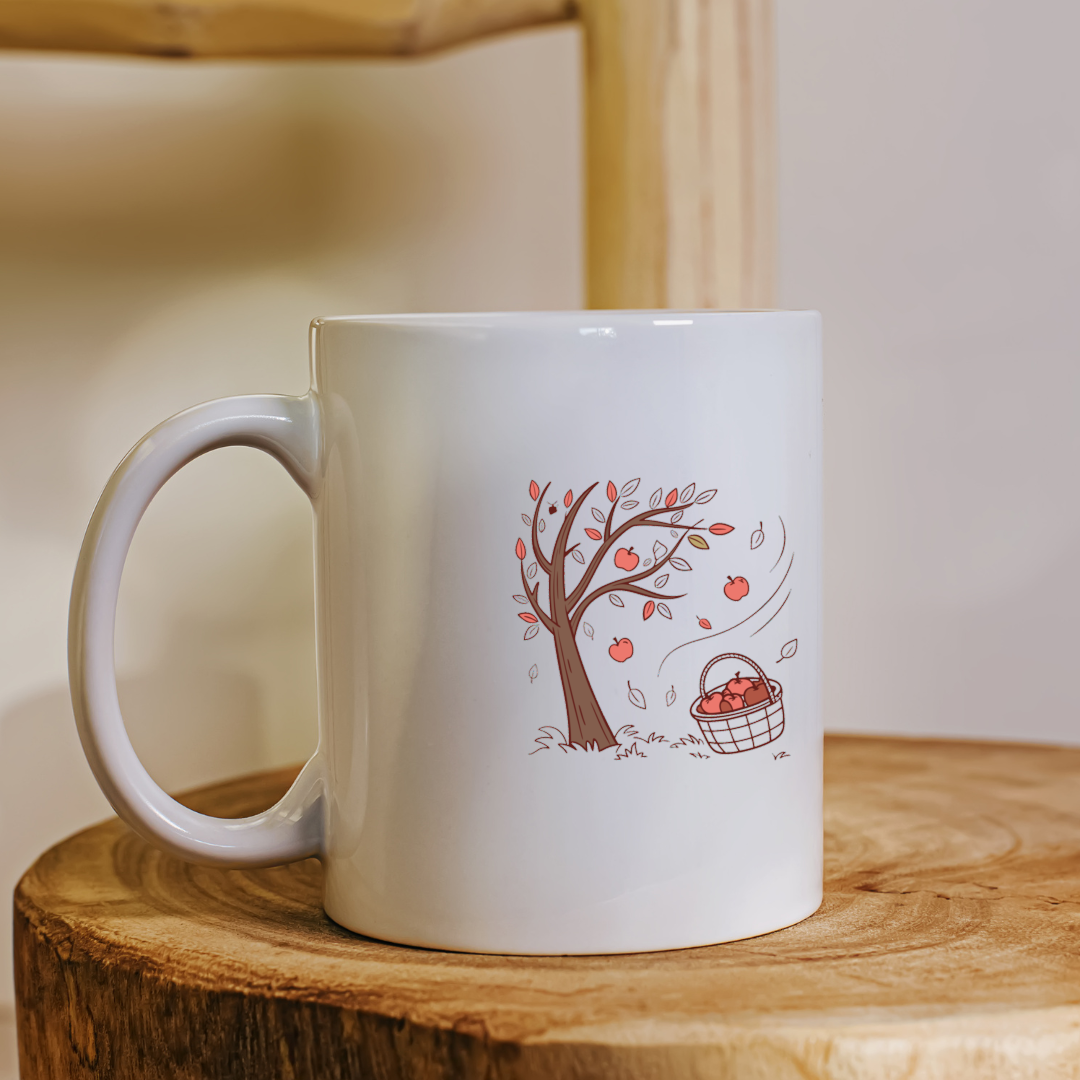 Mug avec motif de pommes dans le vent en automne au style doodle élégant et bucolique