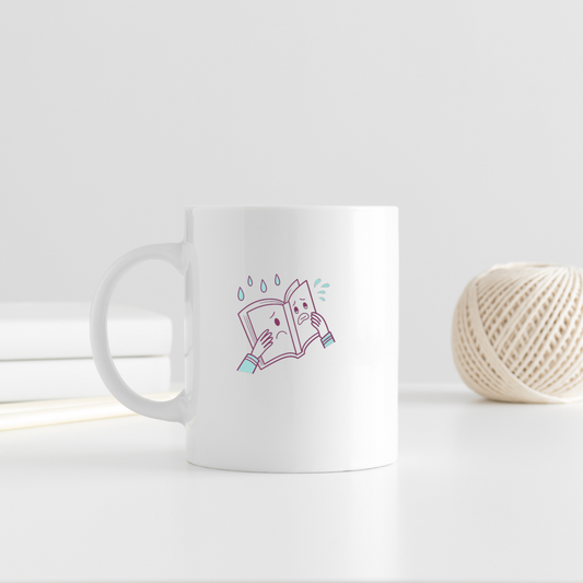 Mug avec un livre soucieux sous la pluie design stylisé idéal pour l'éducation créative