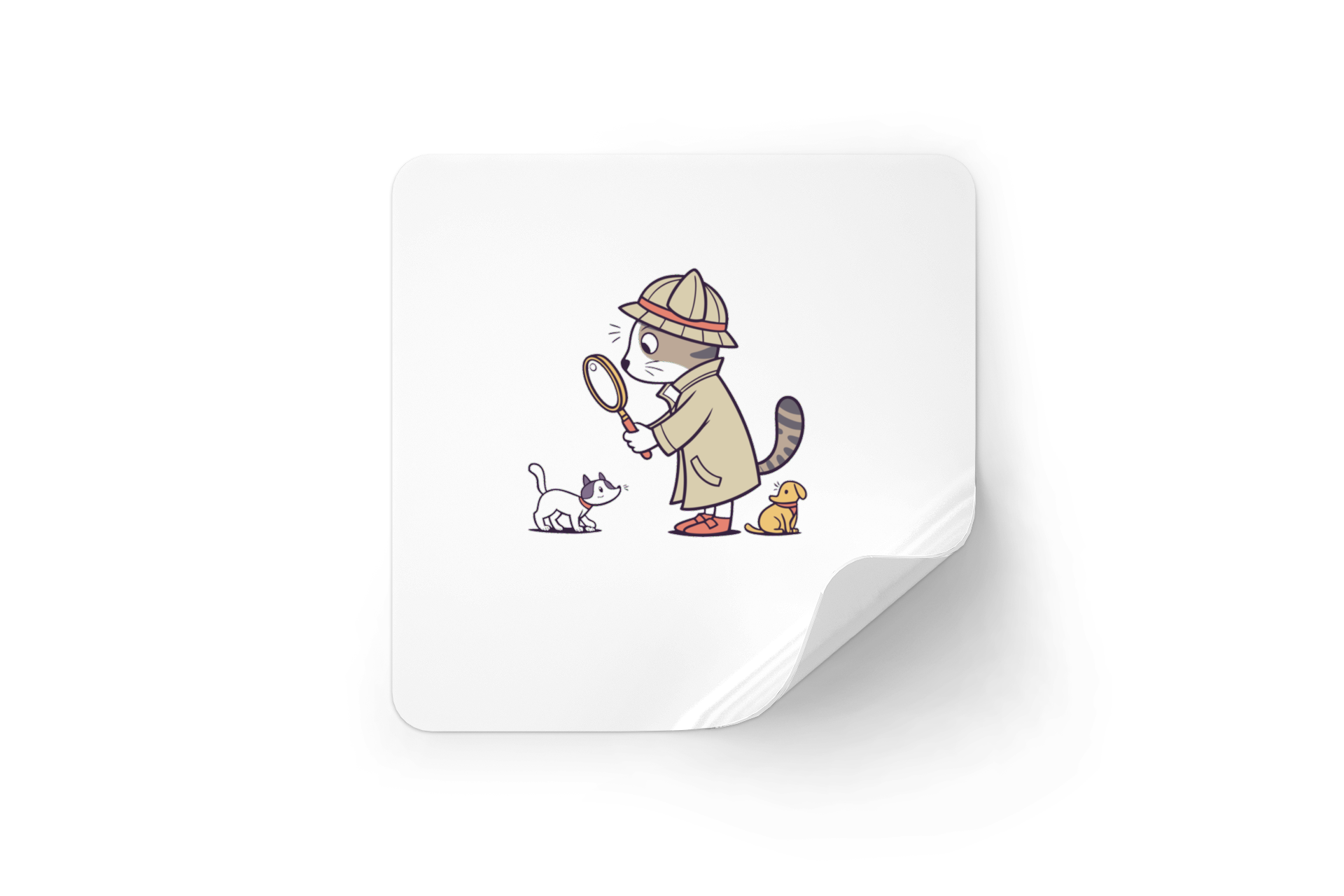 Sticker rond chat kawaii détective sur fond mystère, style dessin numérique