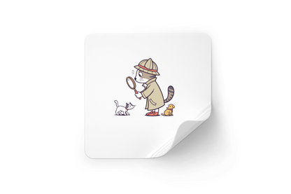 Sticker rond chat kawaii détective sur fond mystère, style dessin numérique