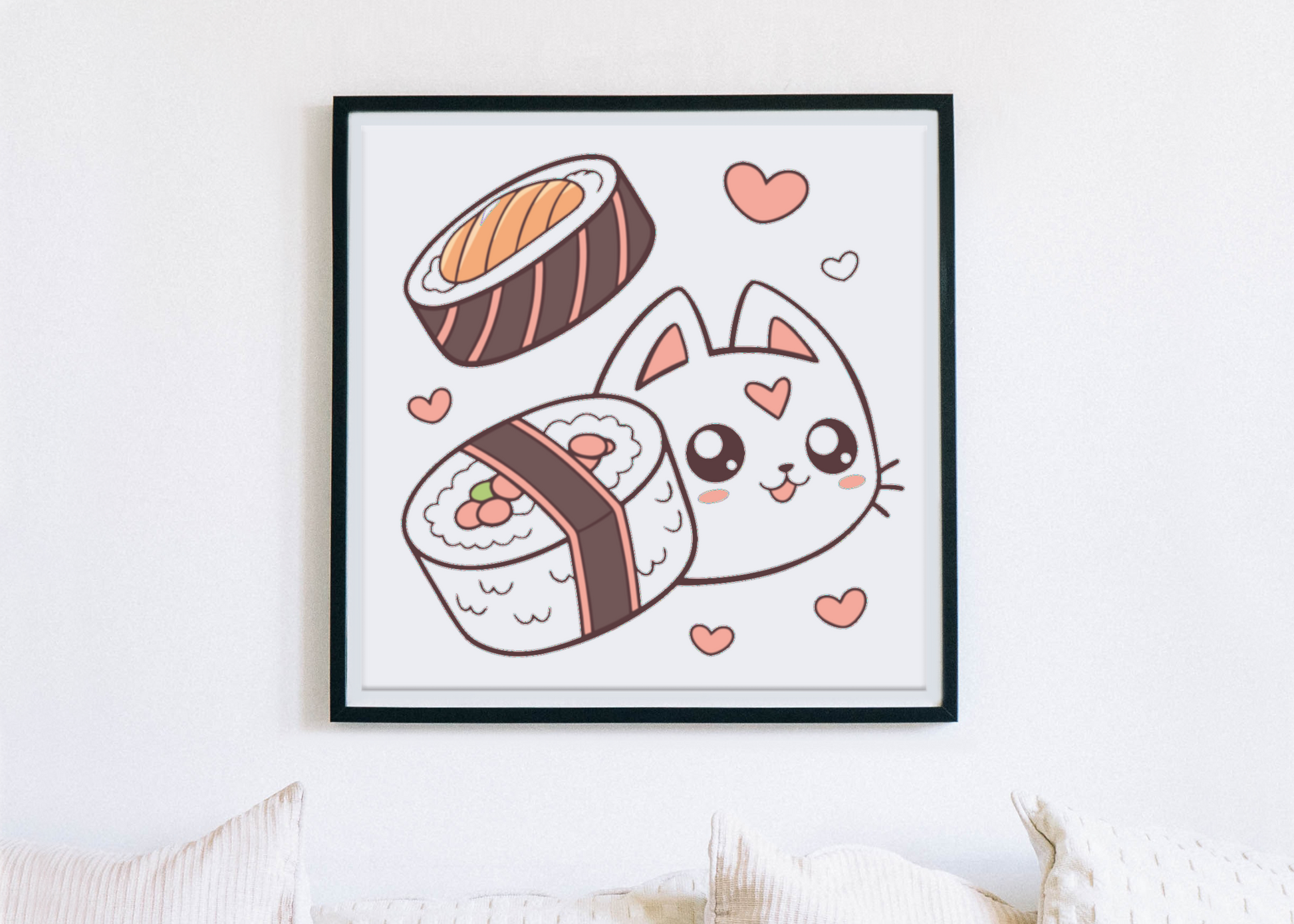 Cadre décoratif avec un chat kawaii en sushi dans un thème gourmand