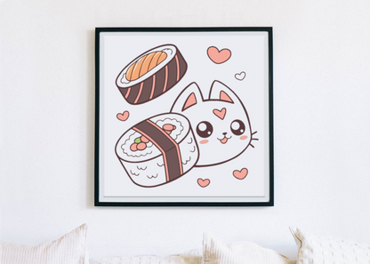 Cadre décoratif avec un chat kawaii en sushi dans un thème gourmand