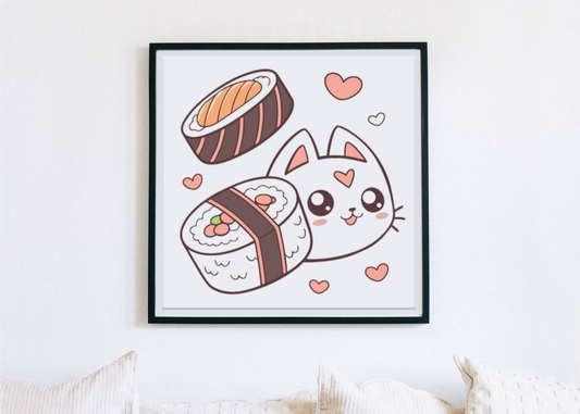 Cadre décoratif avec un chat kawaii en sushi dans un thème gourmand