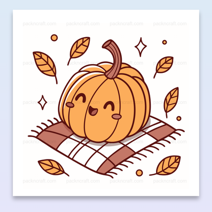 Illustration kawaii d'une citrouille heureuse en automne, idéale pour projets DIY.