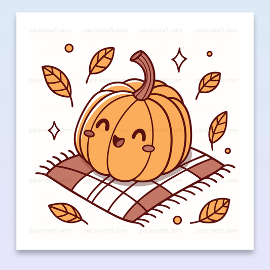 Illustration kawaii d'une citrouille heureuse en automne, idéale pour projets DIY.