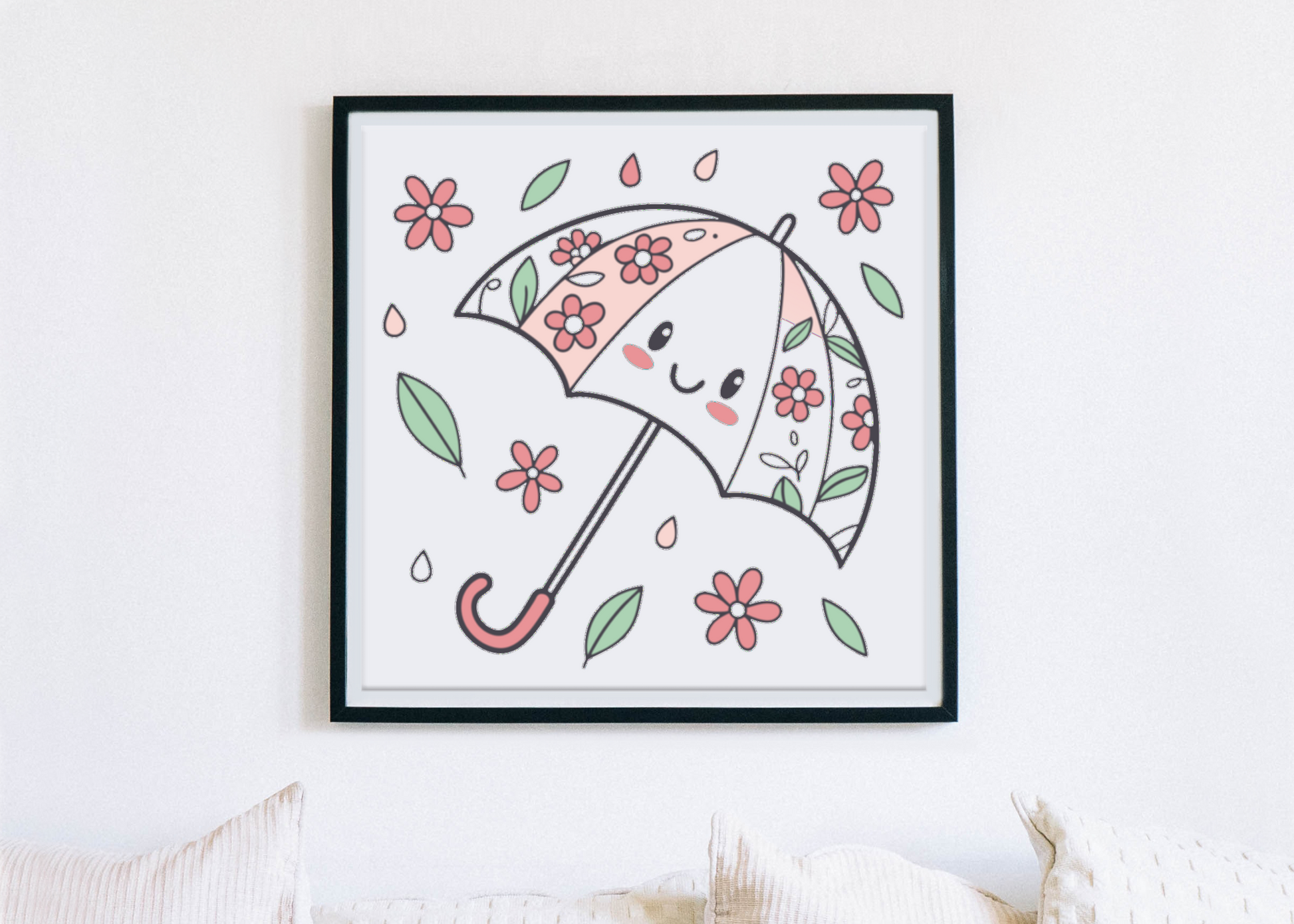 Cadre décoratif avec un parapluie fleuri pastel évoquant le printemps en fleur