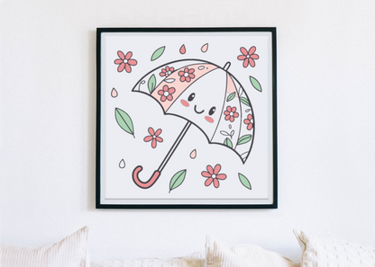 Cadre décoratif avec un parapluie fleuri pastel évoquant le printemps en fleur