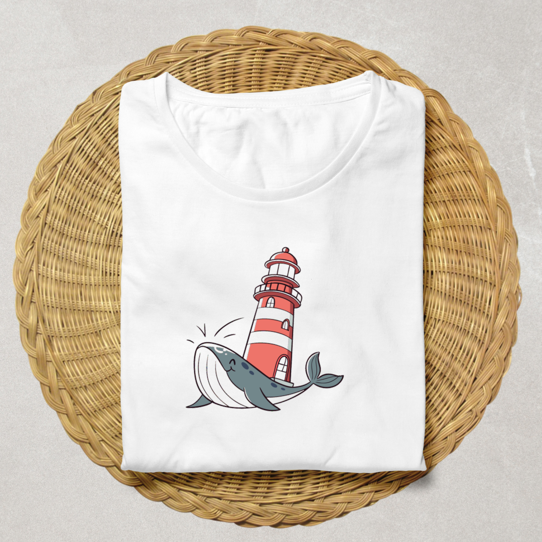T-shirt avec baleine joyeuse et phare pastel style aventure marine