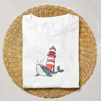 T-shirt avec baleine joyeuse et phare pastel style aventure marine