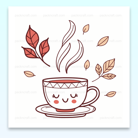 Illustration de tasse de thé joyeuse et fumante avec feuilles d'automne.