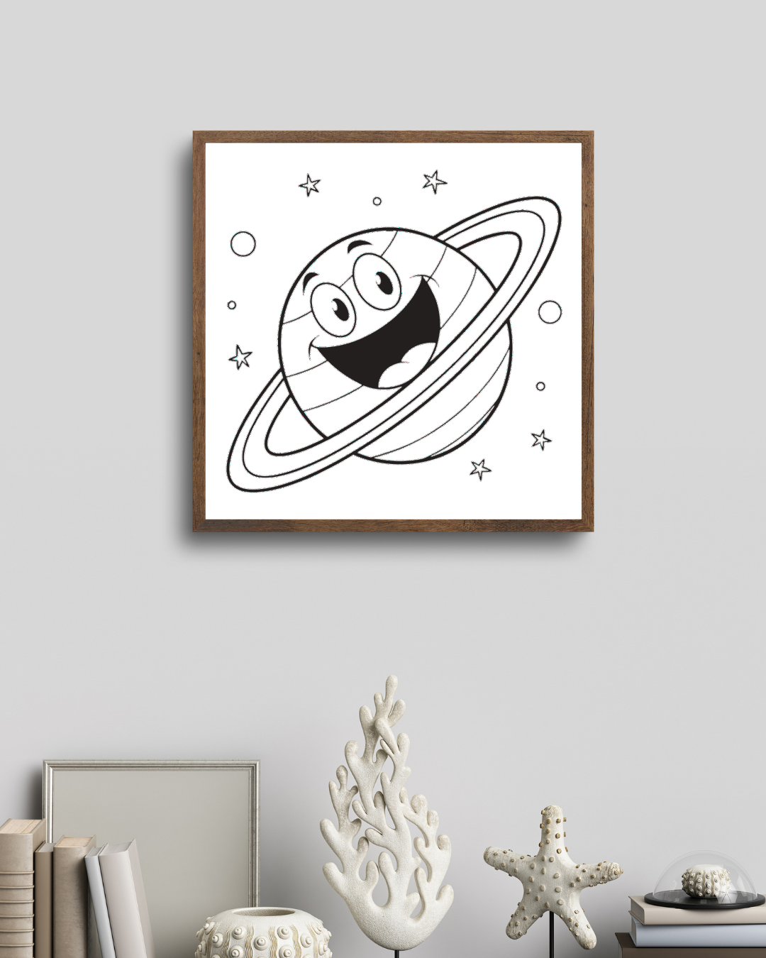 Cadre au design minimaliste orné d'une planète joyeuse en orbite