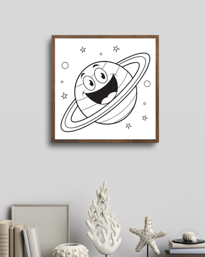 Cadre au design minimaliste orné d'une planète joyeuse en orbite