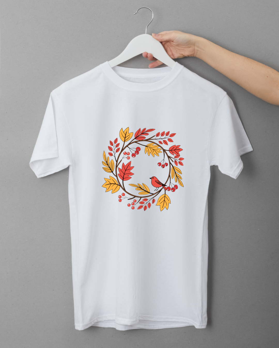 T-shirt orné d'un oiseau niché dans une élégante couronne automnale aux tons doux
