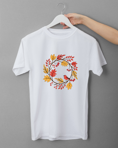 T-shirt orné d'un oiseau niché dans une élégante couronne automnale aux tons doux