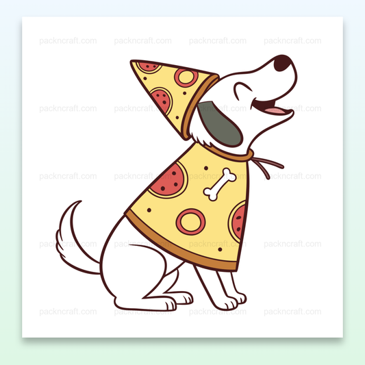 Illustration d'un chien joyeux déguisé en pizza, usage décoratif.