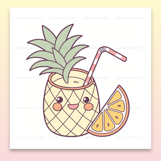 Illustration kawaii d'un ananas souriant au cocktail, idéale pour créations estivales.