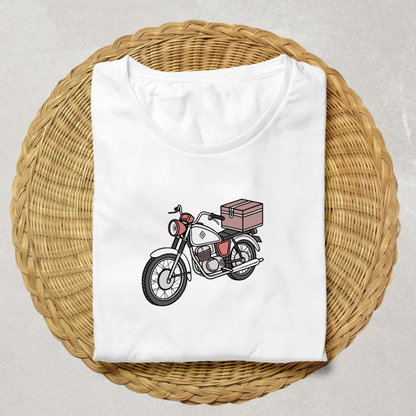 T-shirt illustré avec moto 1960s apportant une touche rétro.