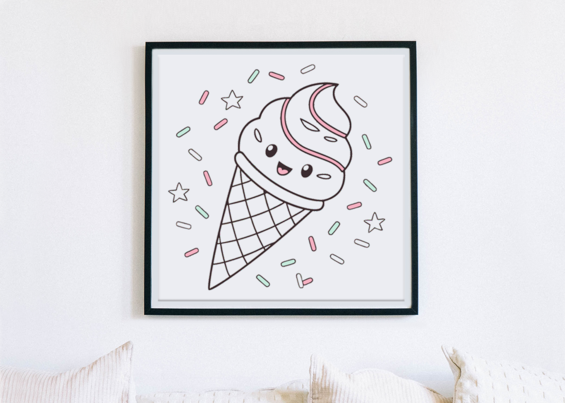 Cadre décoratif avec illustration de glace kawaii pour chambre d'enfant.