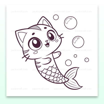 Illustration kawaii d'un chat sirène enjoué avec bulles, utilisable pour DIY et papeterie.