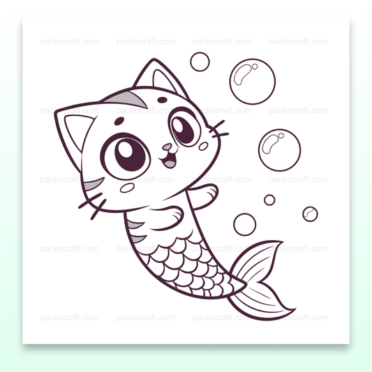 Illustration kawaii d'un chat sirène enjoué avec bulles, utilisable pour DIY et papeterie.