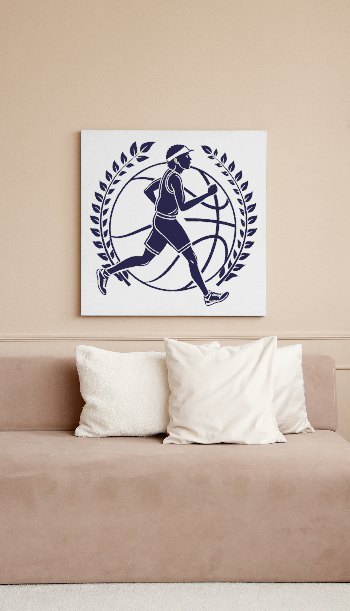 Cadre moderne avec joueur de basketball en mouvement et plante stylisée en fond