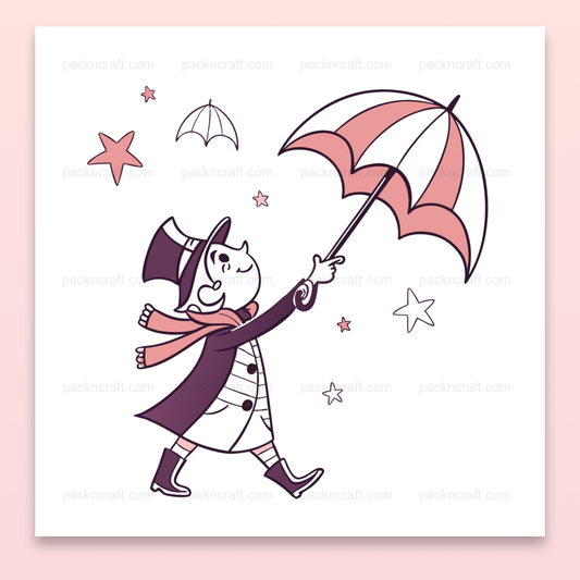 Illustration vintage d'un petit gentleman sous la pluie avec un parapluie, idéale pour projets créatifs.