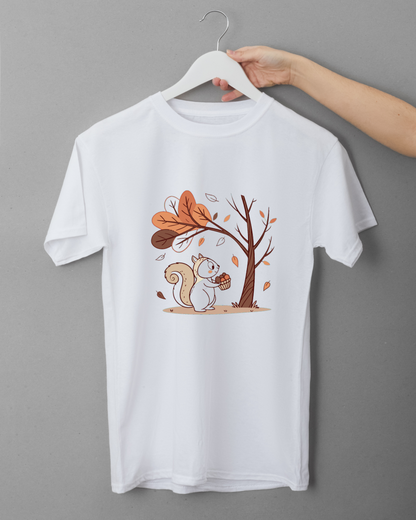 T-shirt automnal avec écureuil pastel récoltant des noisettes