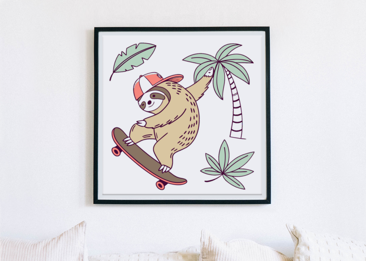 Cadre avec paresseux skateur dans un décor tropical aventures palmiers en fond