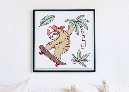 Cadre avec paresseux skateur dans un décor tropical aventures palmiers en fond