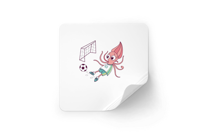 Sticker avec calamar cartoon jouant au foot dans un style sportif coloré