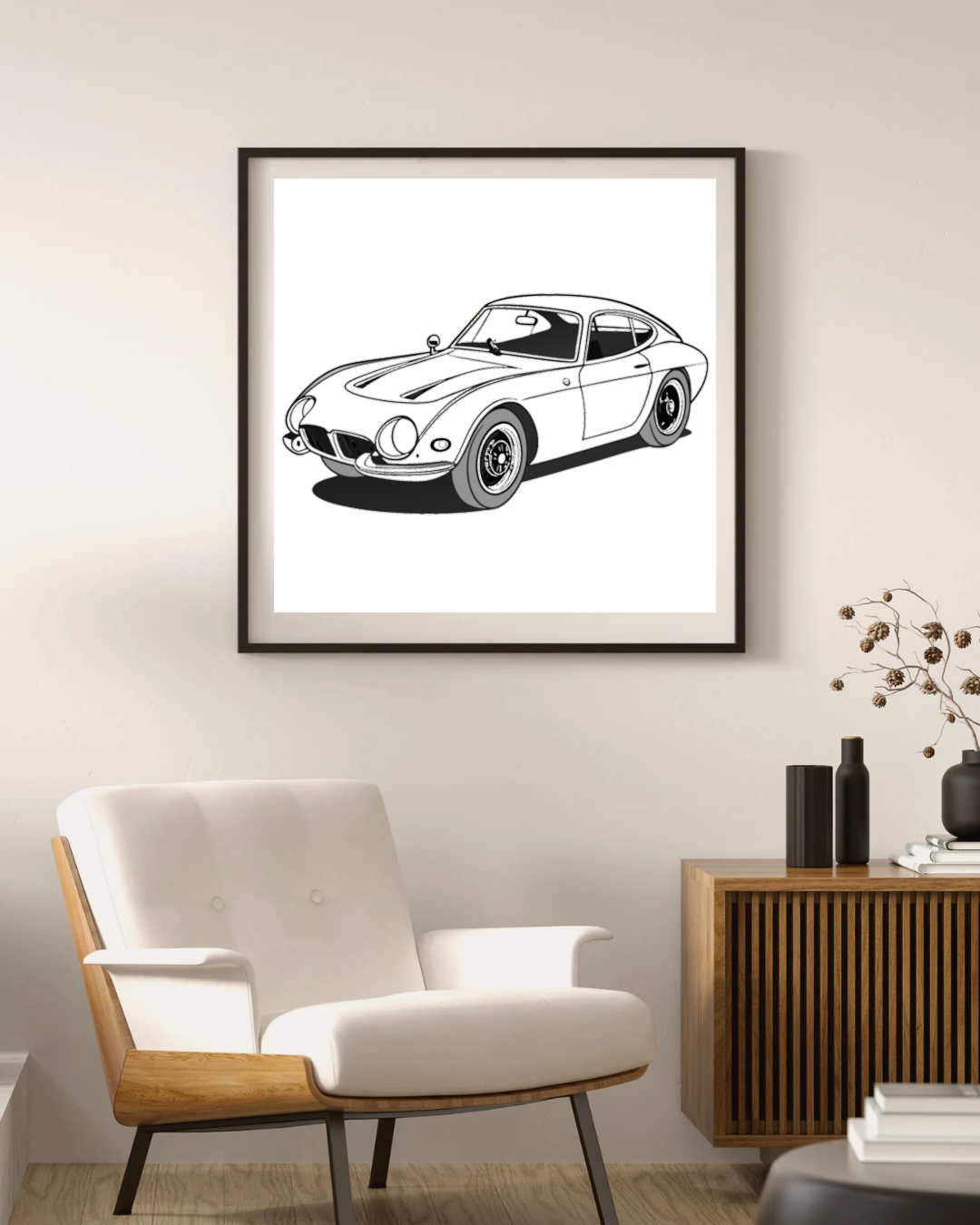 Cadre chic représentant une voiture années 60, parfait pour déco et projets.