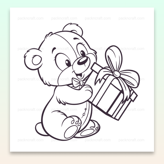 Illustration d'un ours kawaii tenant un cadeau.