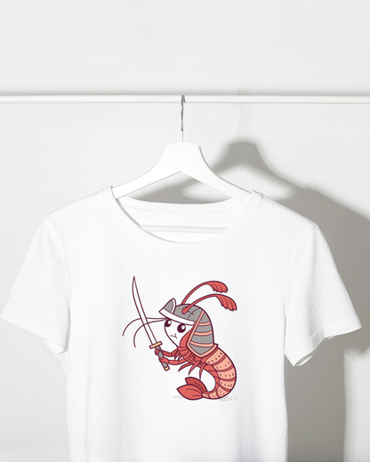 T-shirt avec dessin stylisé de crevette samurai courageux en aventure marine